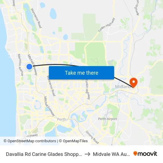 Davallia Rd Carine Glades Shopping Centre to Midvale WA Australia map