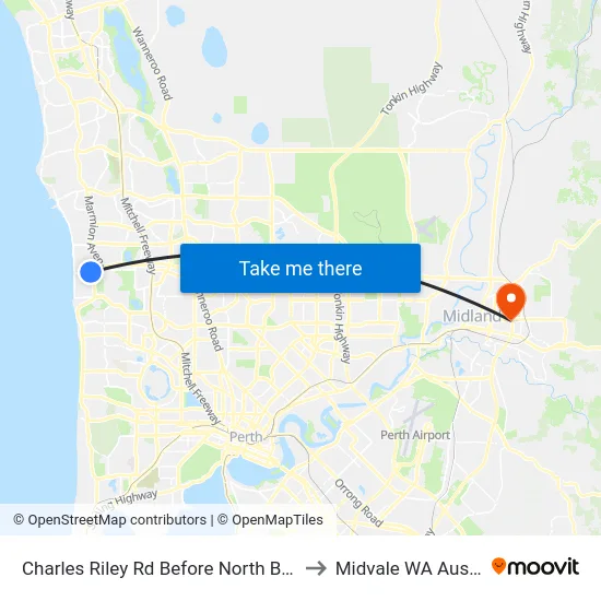 Charles Riley Rd Before North Beach Rd to Midvale WA Australia map