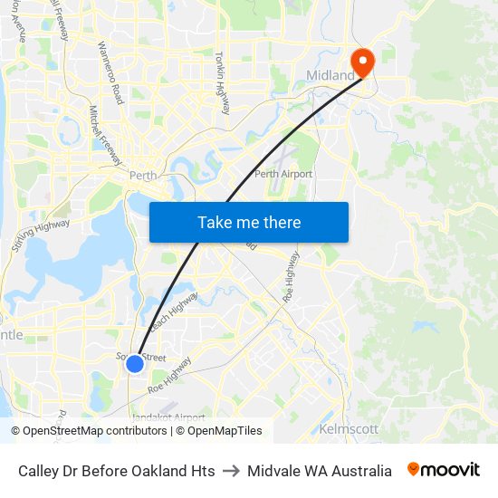 Calley Dr Before Oakland Hts to Midvale WA Australia map