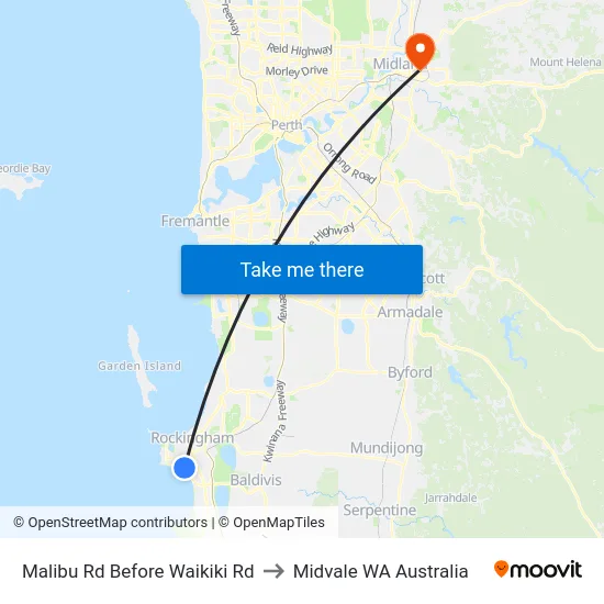 Malibu Rd Before Waikiki Rd to Midvale WA Australia map