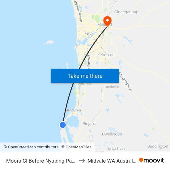Moora Cl Before Nyabing Pass to Midvale WA Australia map