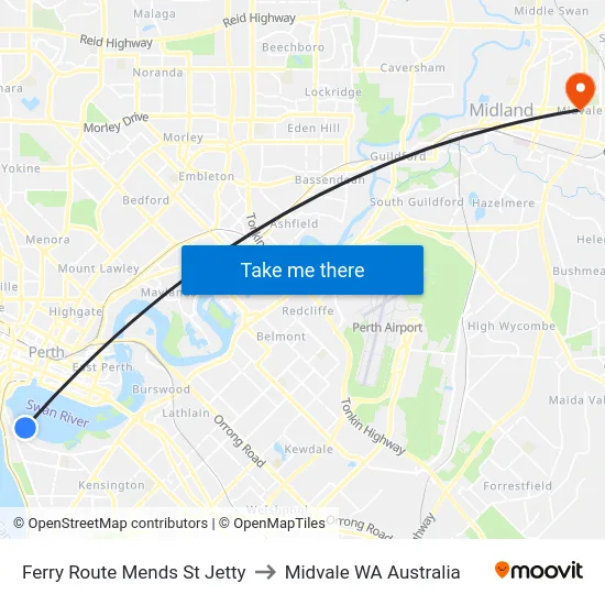 Ferry Route Mends St Jetty to Midvale WA Australia map