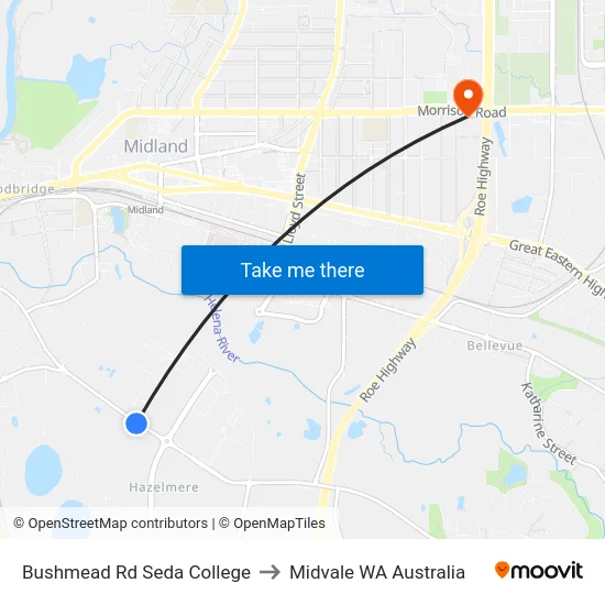 Bushmead Rd Seda College to Midvale WA Australia map