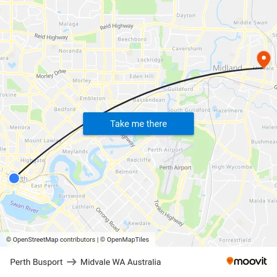 Perth Busport to Midvale WA Australia map