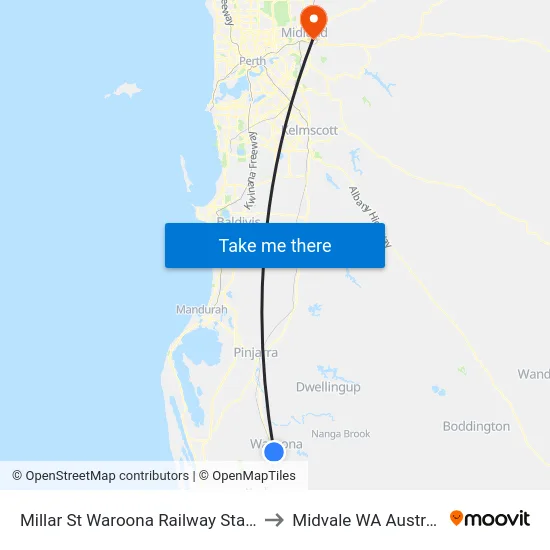 Millar St Waroona Railway Station to Midvale WA Australia map