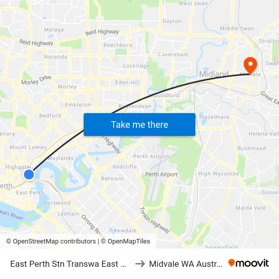 East Perth Stn Transwa East Perth to Midvale WA Australia map