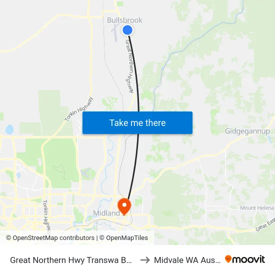 Great Northern Hwy Transwa Bullsbrook to Midvale WA Australia map
