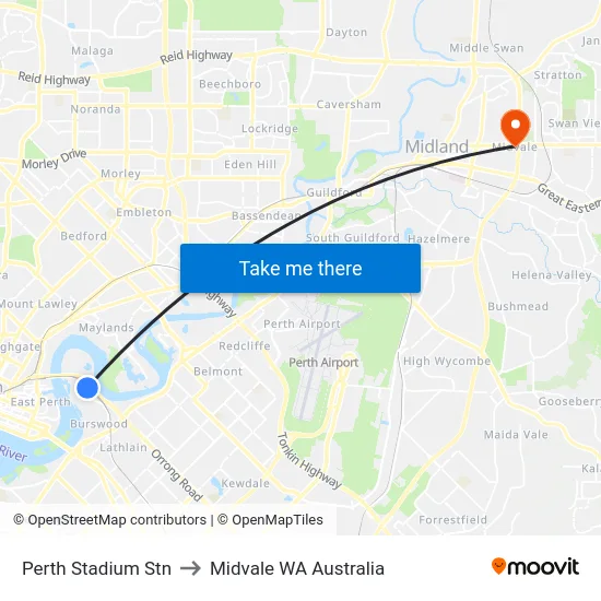 Perth Stadium Stn to Midvale WA Australia map