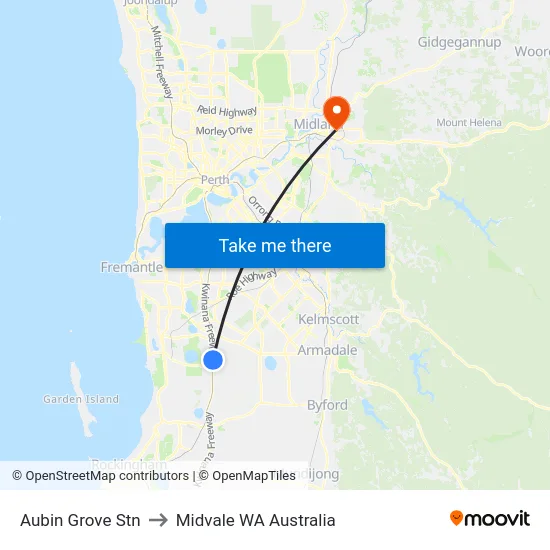 Aubin Grove Stn to Midvale WA Australia map
