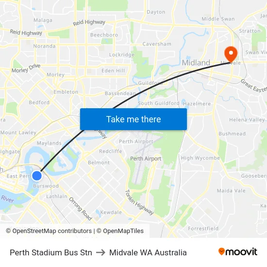 Perth Stadium Bus Stn to Midvale WA Australia map