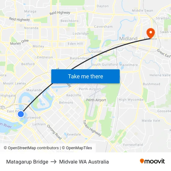 Matagarup Bridge to Midvale WA Australia map