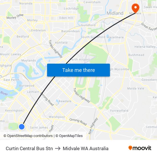 Curtin Central Bus Stn to Midvale WA Australia map