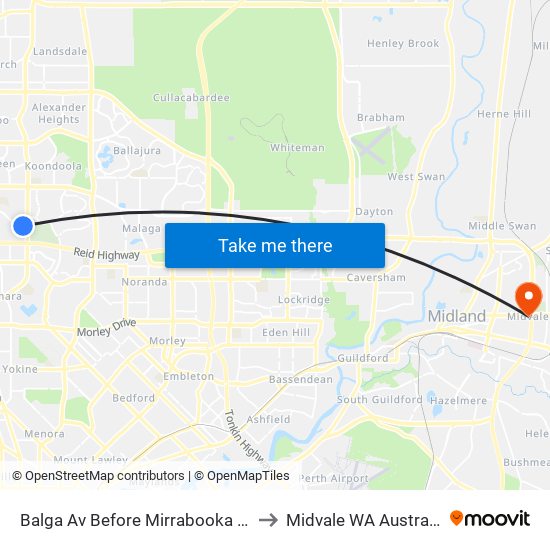 Balga Av Before Mirrabooka Av to Midvale WA Australia map