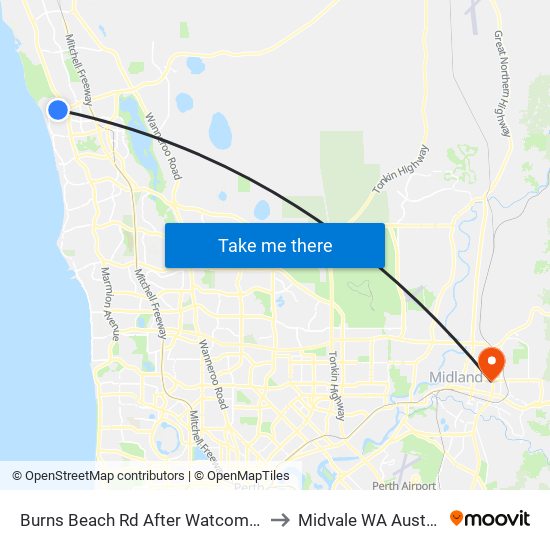 Burns Beach Rd After Watcombe Av to Midvale WA Australia map