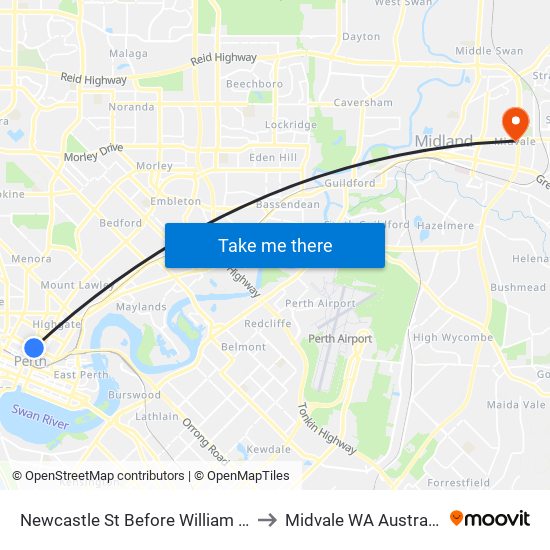 Newcastle St Before William St to Midvale WA Australia map