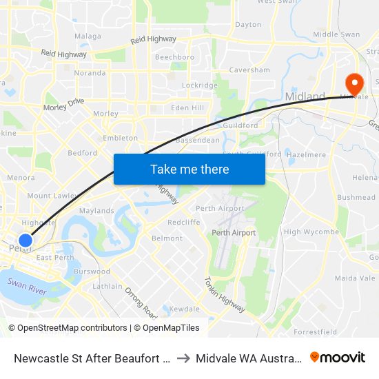 Newcastle St After Beaufort St to Midvale WA Australia map