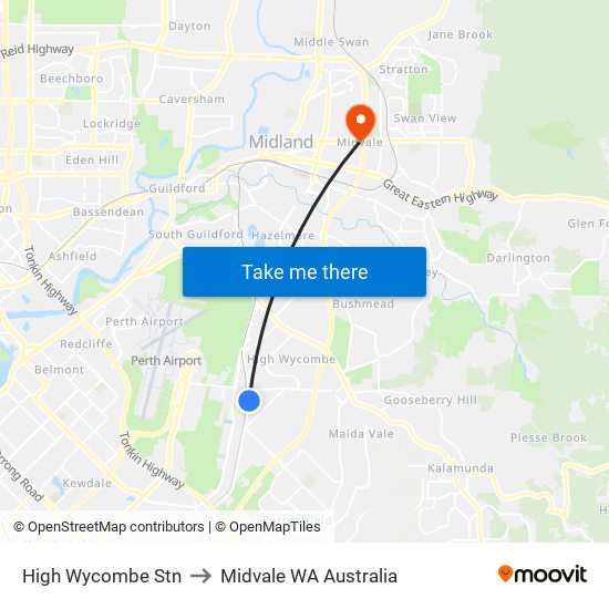 High Wycombe Stn to Midvale WA Australia map