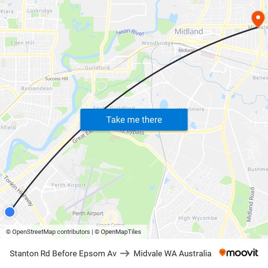 Stanton Rd Before Epsom Av to Midvale WA Australia map