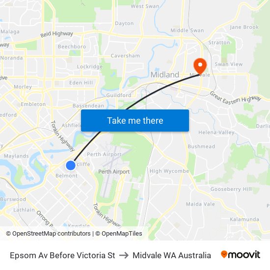 Epsom Av Before Victoria St to Midvale WA Australia map