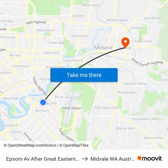 Epsom Av After Great Eastern Hwy to Midvale WA Australia map