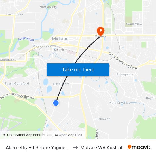 Abernethy Rd Before Yagine Cl to Midvale WA Australia map