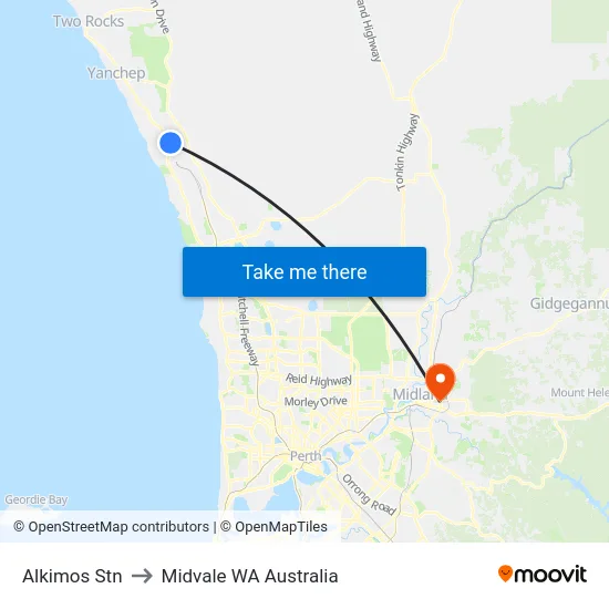 Alkimos Stn to Midvale WA Australia map