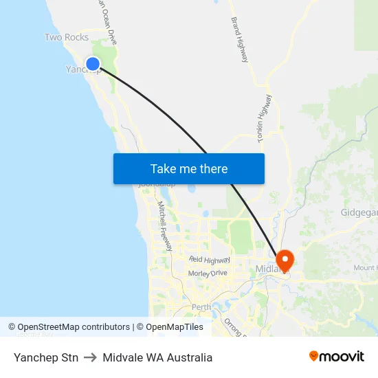 Yanchep Stn to Midvale WA Australia map