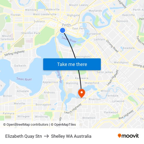 Elizabeth Quay Stn to Shelley WA Australia map
