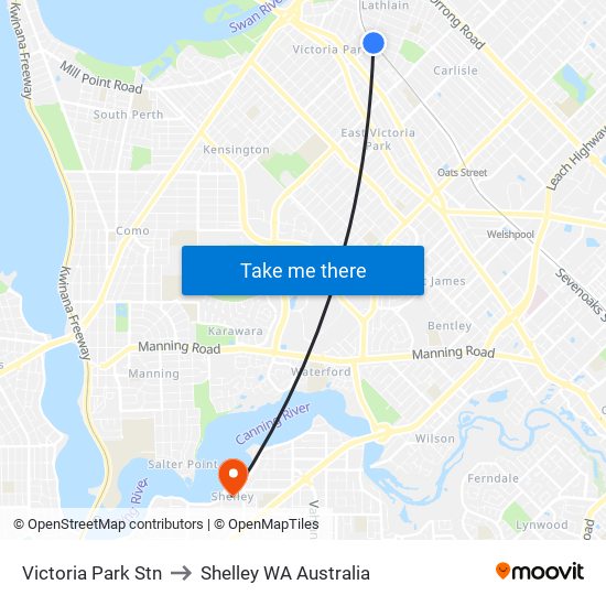 Victoria Park Stn to Shelley WA Australia map