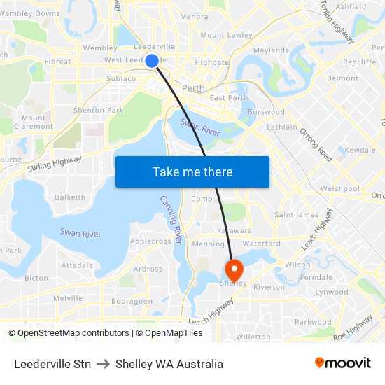 Leederville Stn to Shelley WA Australia map