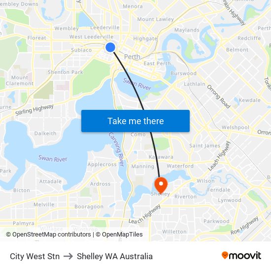 City West Stn to Shelley WA Australia map