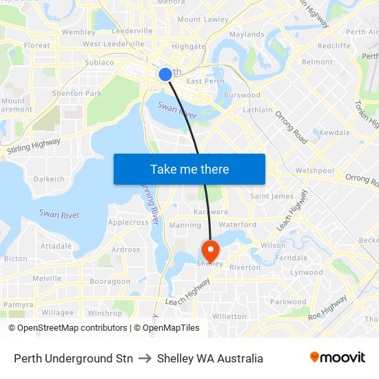 Perth Underground Stn to Shelley WA Australia map