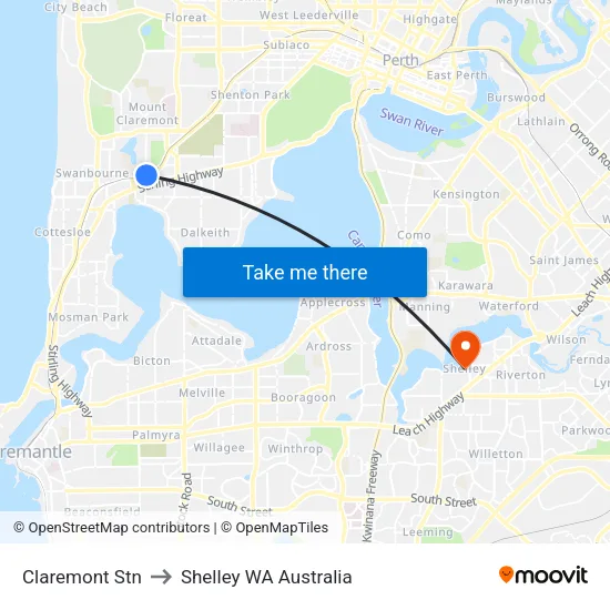 Claremont Stn to Shelley WA Australia map