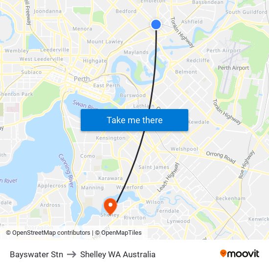 Bayswater Stn to Shelley WA Australia map