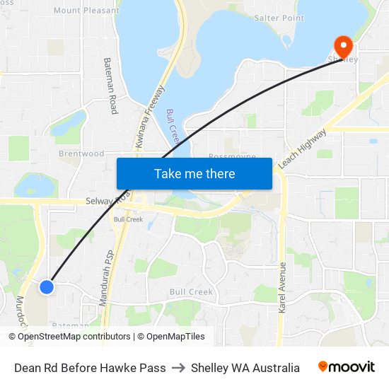 Dean Rd Before Hawke Pass to Shelley WA Australia map