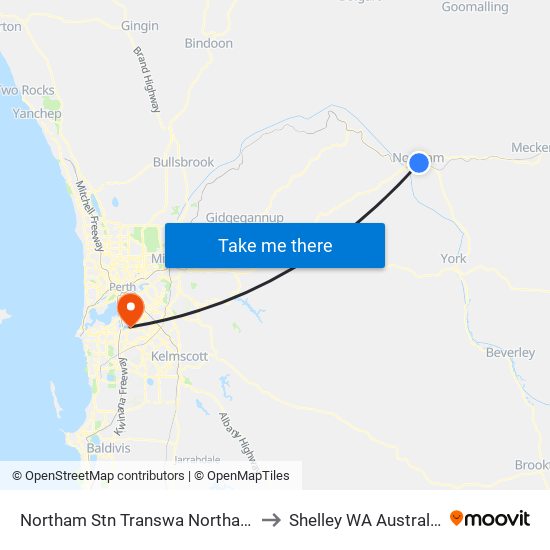 Northam Stn Transwa Northam to Shelley WA Australia map