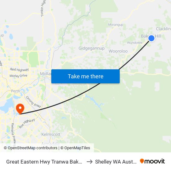 Great Eastern Hwy Tranwa Bakers Hill to Shelley WA Australia map