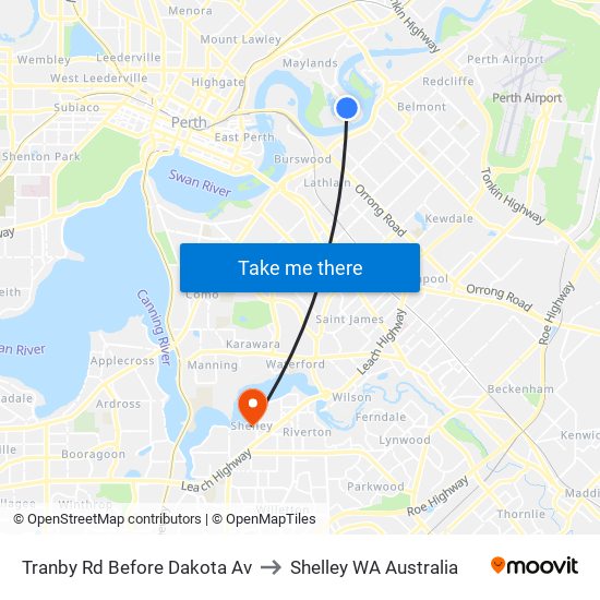 Tranby Rd Before Dakota Av to Shelley WA Australia map