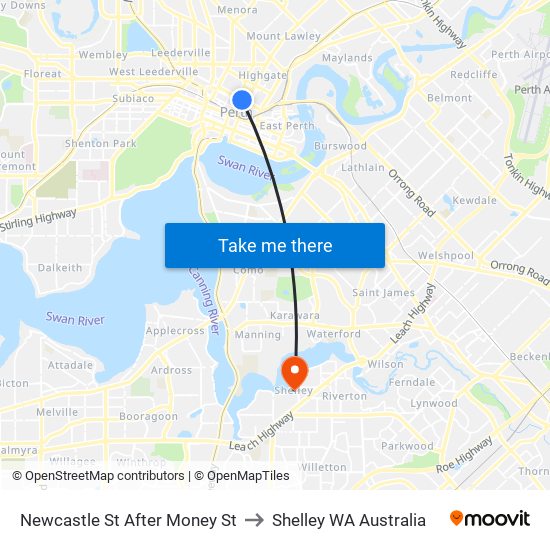 Newcastle St After Money St to Shelley WA Australia map