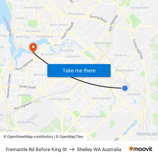 Fremantle Rd Before King St to Shelley WA Australia map