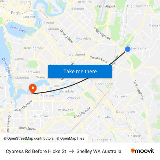 Cypress Rd Before Hicks St to Shelley WA Australia map