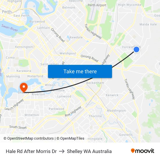 Hale Rd After Morris Dr to Shelley WA Australia map
