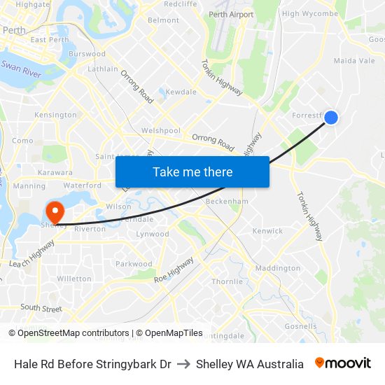 Hale Rd Before Stringybark Dr to Shelley WA Australia map