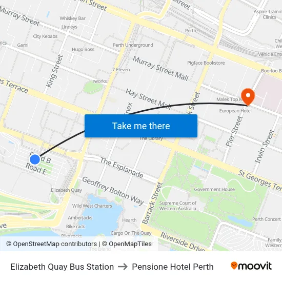 Elizabeth Quay Bus Station to Pensione Hotel Perth map