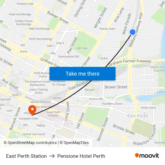 East Perth Station to Pensione Hotel Perth map