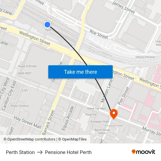 Perth Station to Pensione Hotel Perth map