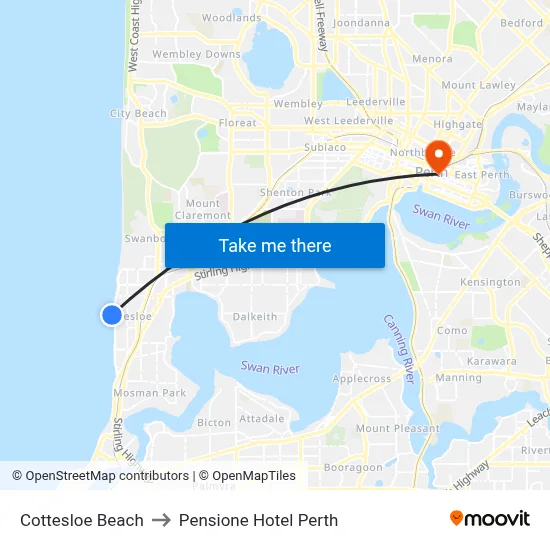Cottesloe Beach to Pensione Hotel Perth map