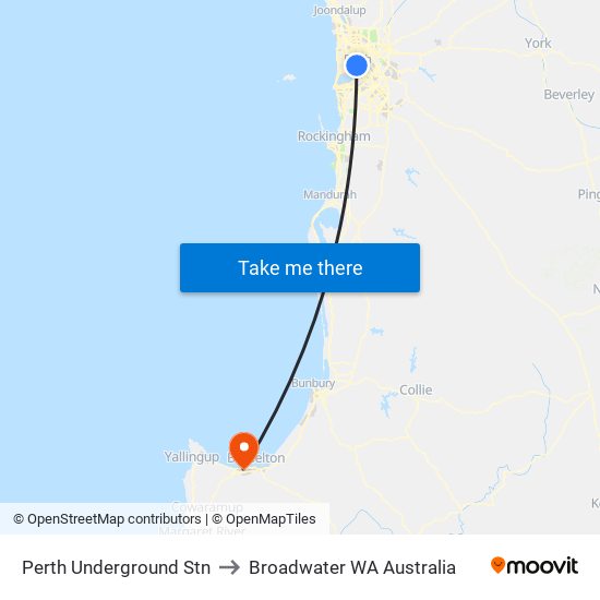 Perth Underground Stn to Broadwater WA Australia map