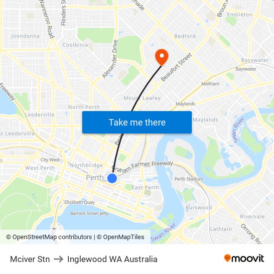 Mciver Stn to Inglewood WA Australia map