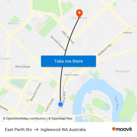 East Perth Stn to Inglewood WA Australia map